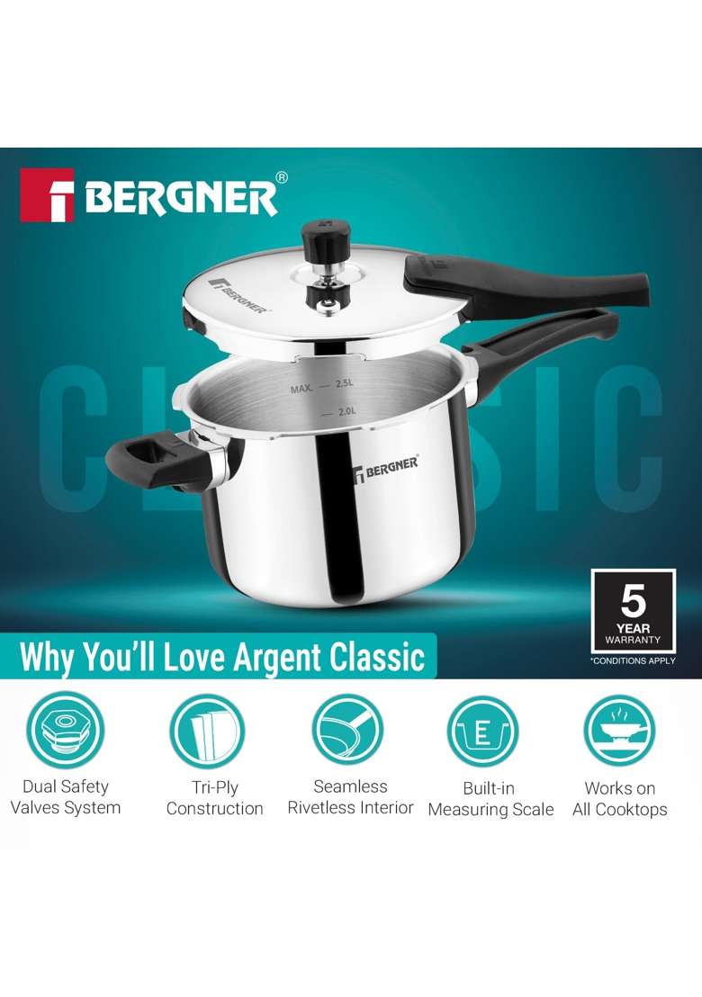 BERGNER Argent Classic Triply Stainless Steel Outer Lid Pressure Cooker | 3.5 L | 3.7 Qt | Induction Compatible - Indya