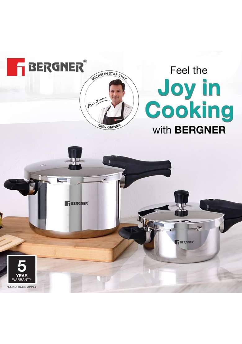 BERGNER Argent Elements Triply Stainless Steel Outer Lid Pressure Cooker | 3.5 L | 3.7 Qt | Induction Compatible - Indya