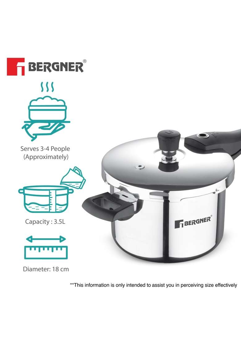 BERGNER Argent Elements Triply Stainless Steel Outer Lid Pressure Cooker | 3.5 L | 3.7 Qt | Induction Compatible - Indya