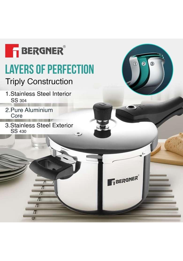 BERGNER Argent Elements Triply Stainless Steel Outer Lid Pressure Cooker | 3.5 L | 3.7 Qt | Induction Compatible - Indya