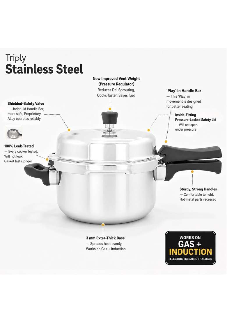 SOLARA Triply Stainless Steel Pressure Cooker | 5 L | 5.3 Qt | Induction Compatible - Indya