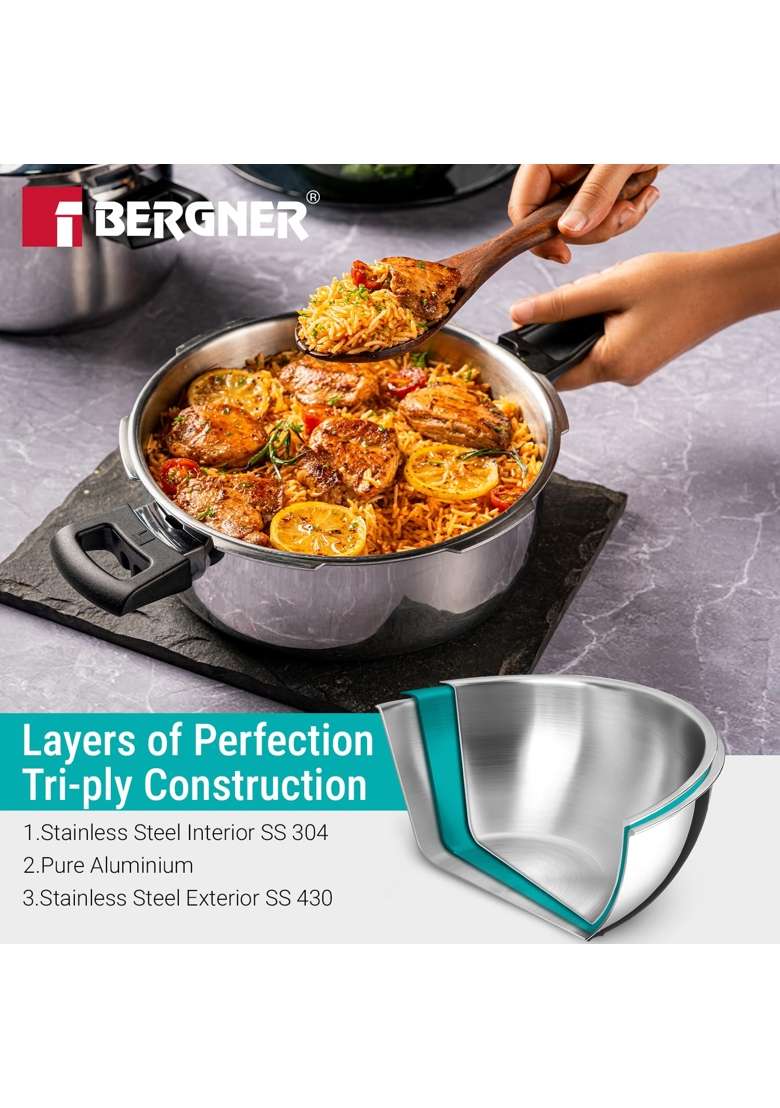 BERGNER Argent Classic Triply Stainless Steel Outer Lid Pressure Pan | 3.5 L | 3.7 Qt | Induction Compatible - Indya