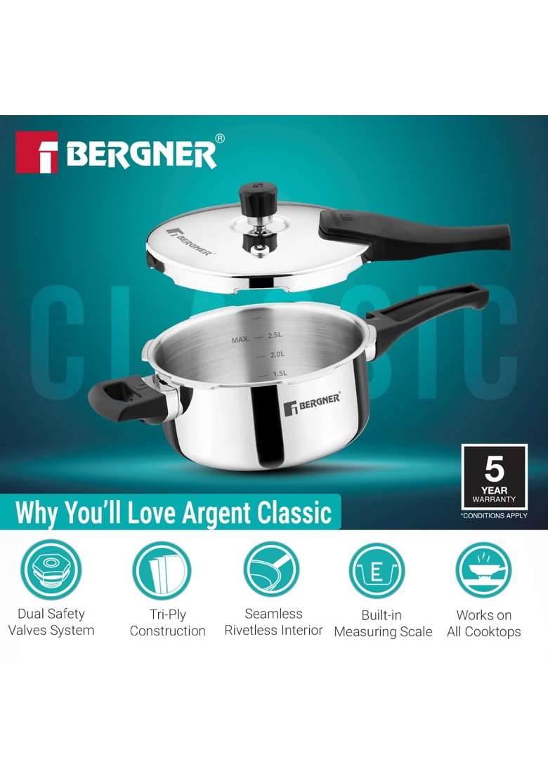BERGNER Argent Classic Triply Stainless Steel Outer Lid Pressure Pan | 3.5 L | 3.7 Qt | Induction Compatible - Indya