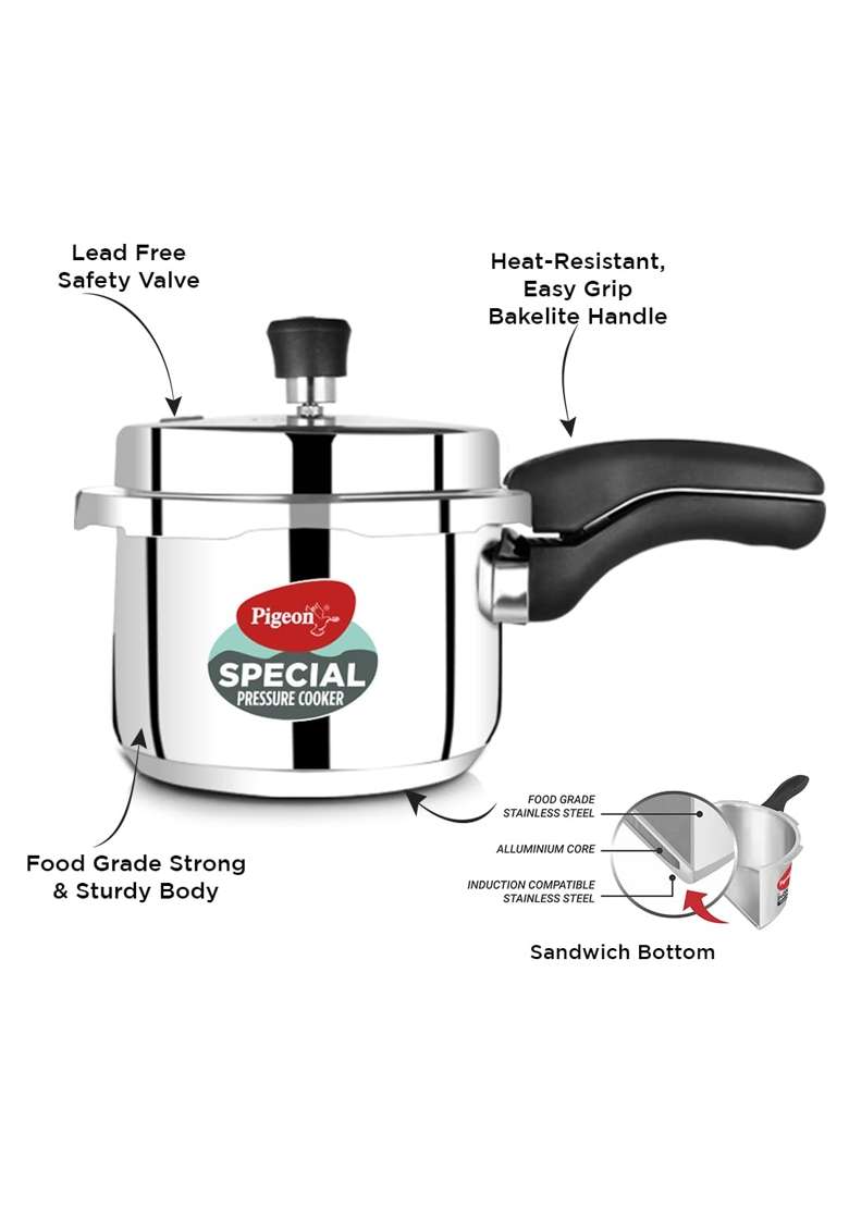Pigeon By Stovekraft 14549 Induction Base Outer Lid Stainless Steel Pressure Cooker | 3 L | 3.2 Qt - Indya