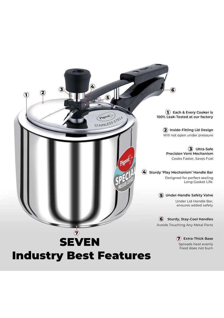 Pigeon By Stovekraft Special Stainless Steel Inner Lid Induction Base Pressure Cooker | 3 L | 3.2 Qt - Indya