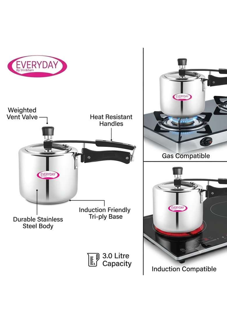 Shri and Sam Everyday Stainless Steel Pressure Cooker | 3 L | 3.2 Qt | Induction Compatible - Indya