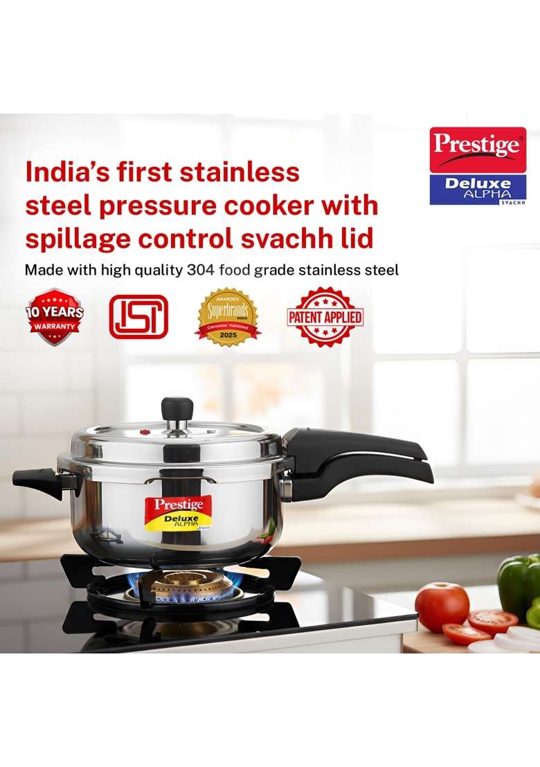 Prestige Stainless Steel Deluxe Alpha Svachh Outer Lid Senior Pressure Pan Cooker | 4 L | 4.2 Qt | Induction Compatible | Tri-Ply - Indya