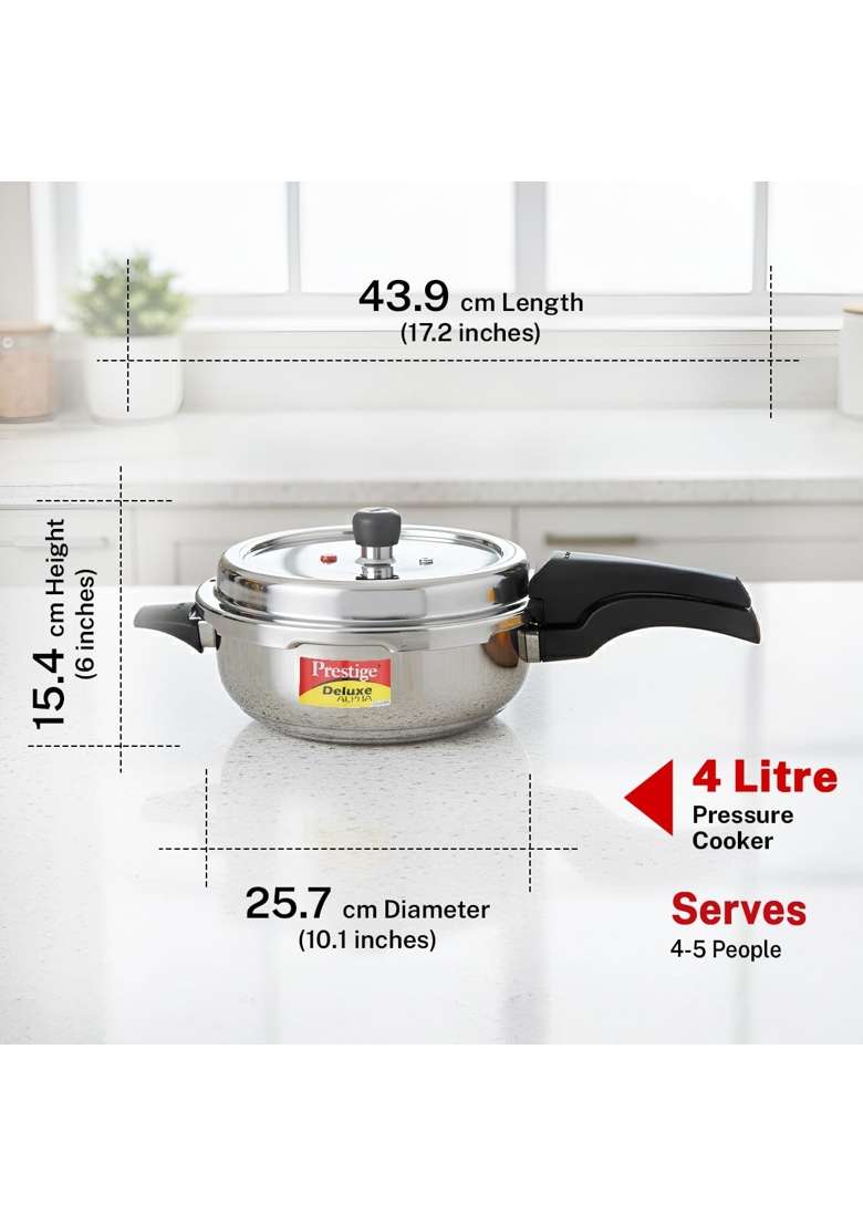 Prestige Stainless Steel Deluxe Alpha Svachh Outer Lid Senior Pressure Pan Cooker | 4 L | 4.2 Qt | Induction Compatible | Tri-Ply - Indya