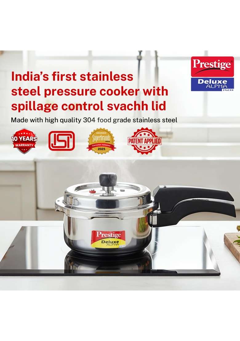 Prestige Stainless Steel Deluxe Alpha Svachh Outer Lid Pressure Cooker | 2 L | 2.1 Qt | Induction Compatible | Tri-Ply - Indya