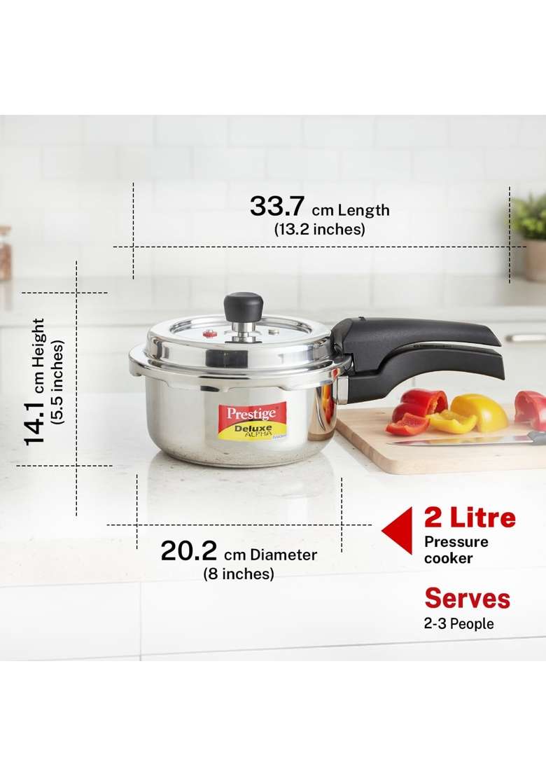 Prestige Stainless Steel Deluxe Alpha Svachh Outer Lid Pressure Cooker | 2 L | 2.1 Qt | Induction Compatible | Tri-Ply - Indya