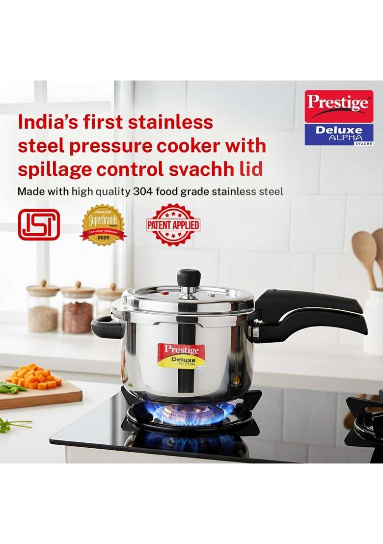 Prestige Stainless Steel Deluxe Alpha Svachh Outerlid Pressure Cooker | 4 L | 4.2 Qt | Induction Compatible - Indya