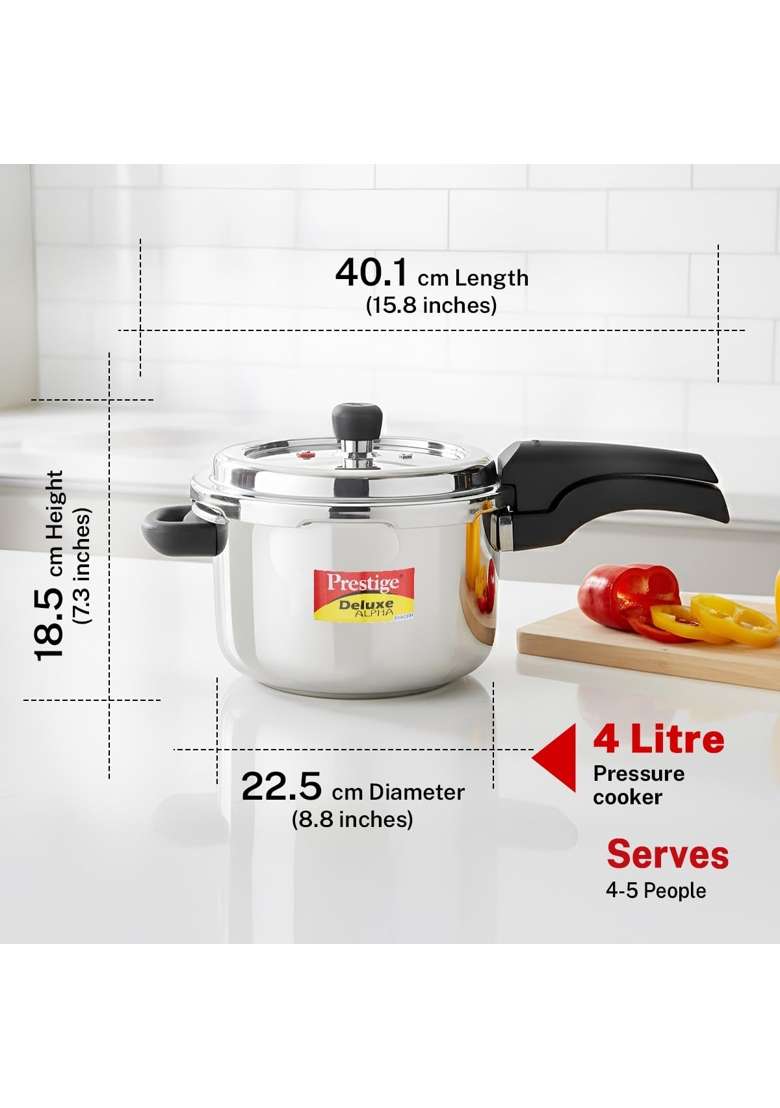 Prestige Stainless Steel Deluxe Alpha Svachh Outerlid Pressure Cooker | 4 L | 4.2 Qt | Induction Compatible - Indya