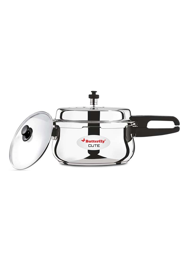 Butterfly Cute Stainless Steel Outer Lid Pressure Cooker with Glass Lid | 2 L | 2.1 Qt | Induction Compatible | Tri-Ply - Indya