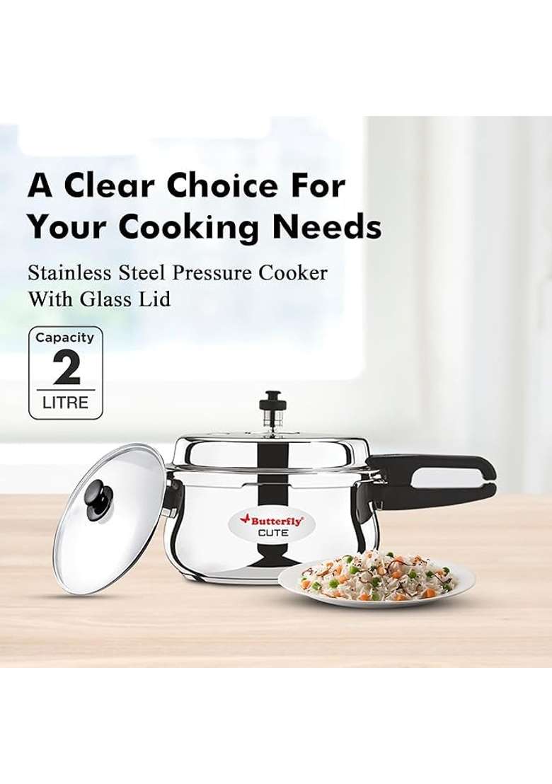 Butterfly Cute Stainless Steel Outer Lid Pressure Cooker with Glass Lid | 2 L | 2.1 Qt | Induction Compatible | Tri-Ply - Indya