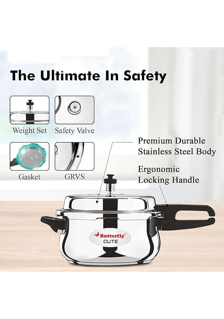Butterfly Cute Stainless Steel Outer Lid Pressure Cooker with Glass Lid | 2 L | 2.1 Qt | Induction Compatible | Tri-Ply - Indya