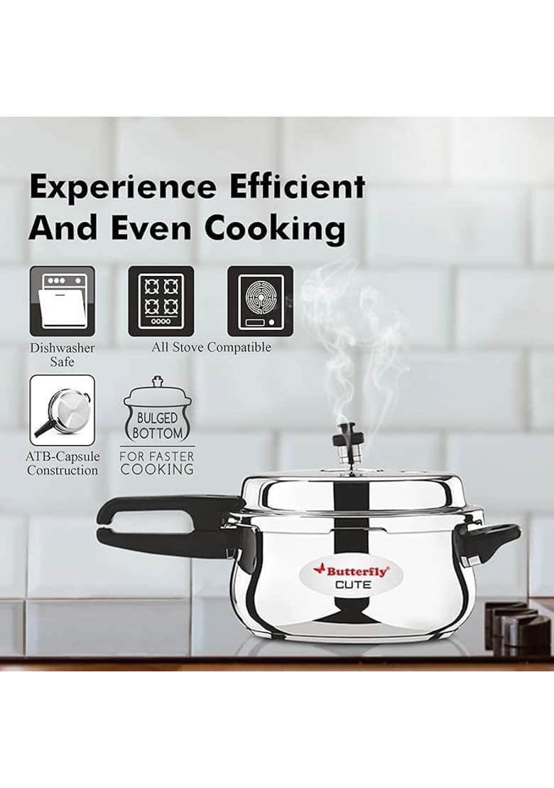 Butterfly Cute Stainless Steel Outer Lid Pressure Cooker with Glass Lid | 2 L | 2.1 Qt | Induction Compatible | Tri-Ply - Indya