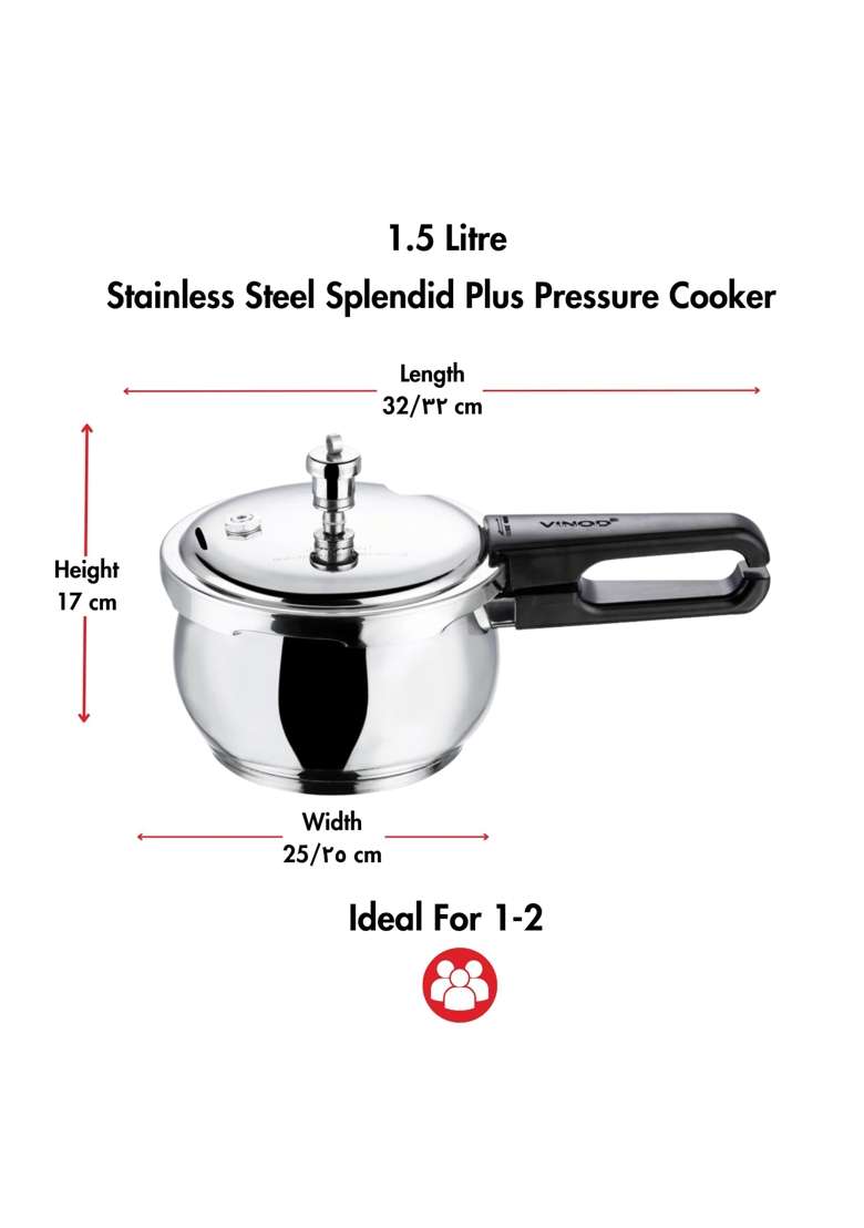Vinod Splendid Plus Stainless Steel Outer Lid Pressure Cooker | 1.5 L | 1.6 Qt | Induction Compatible - Indya