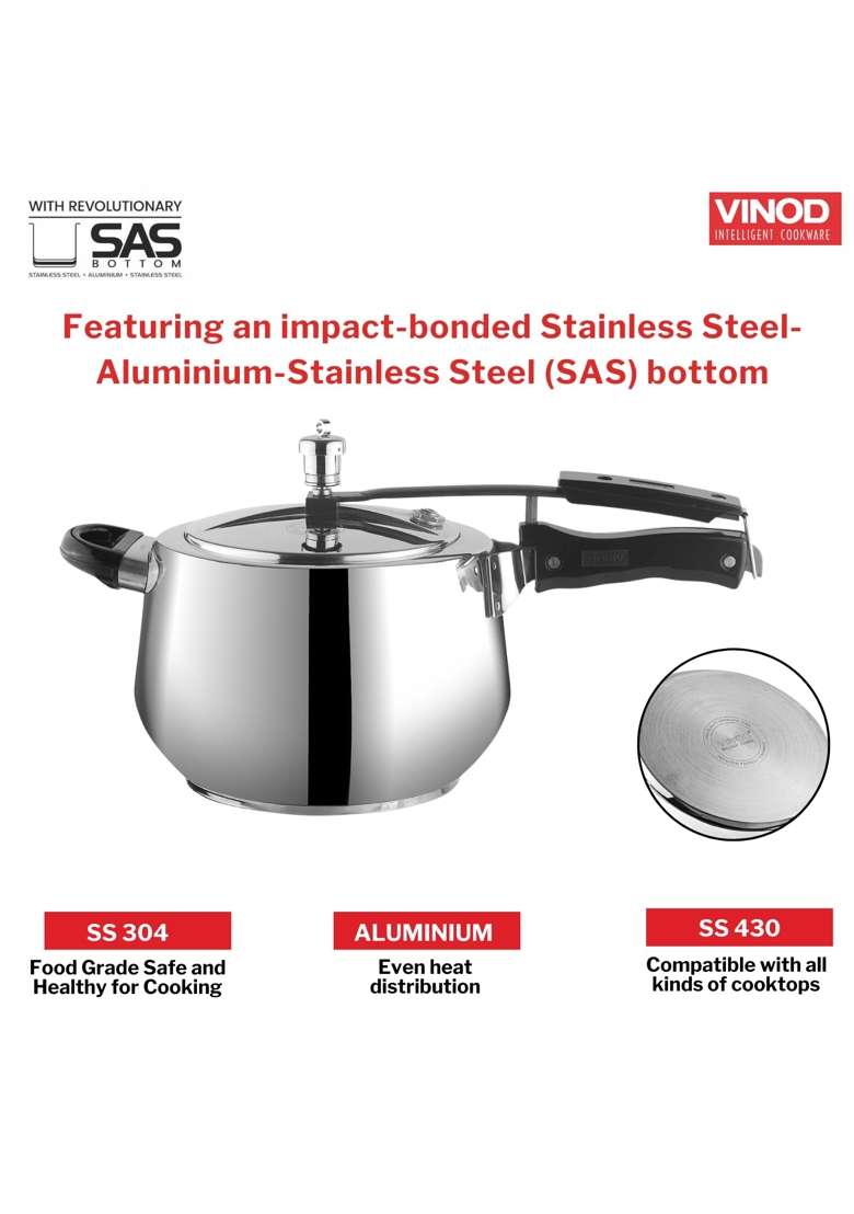 Vinod Europa Stainless Steel Inner Lid Pressure Cooker | 5 L | 5.3 Qt | Induction Compatible - Indya