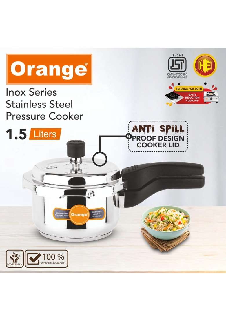 Orange Inox Series Cute Small Stainless Steel Outer Lid Pressure Cooker with Sturdy | 1.5 L | 1.6 Qt | Induction Compatible - Indya