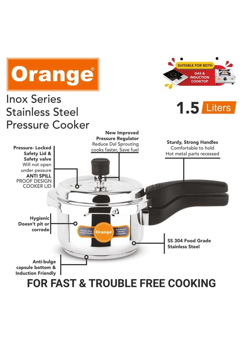 Orange Inox Series Cute Small Stainless Steel Outer Lid Pressure Cooker with Sturdy | 1.5 L | 1.6 Qt | Induction Compatible - Indya