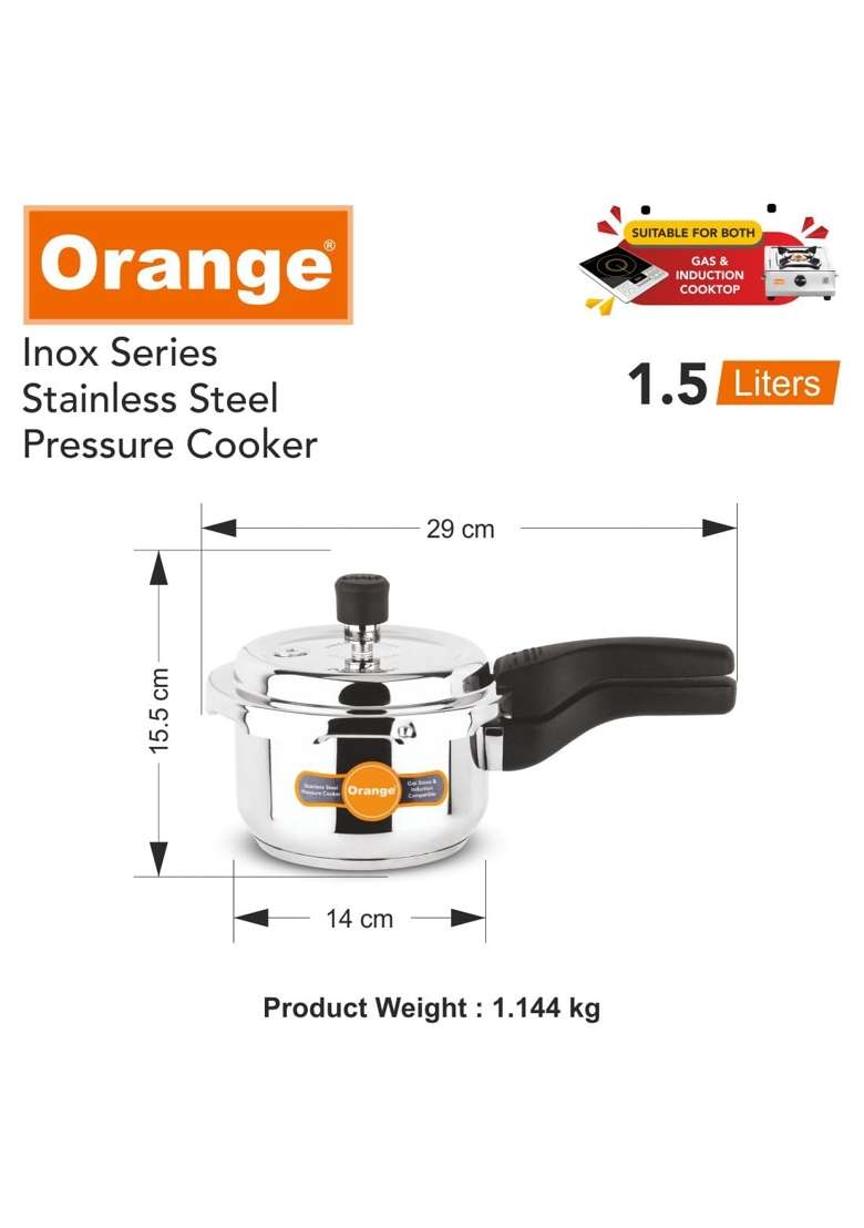 Orange Inox Series Cute Small Stainless Steel Outer Lid Pressure Cooker with Sturdy | 1.5 L | 1.6 Qt | Induction Compatible - Indya