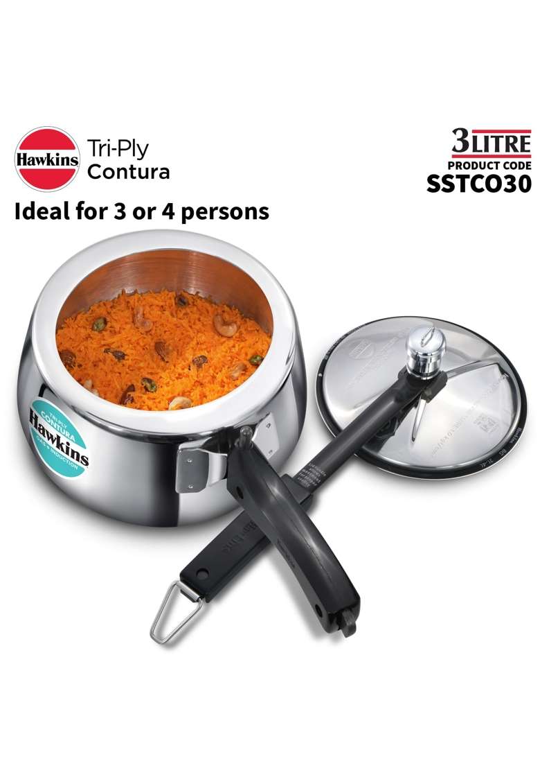 Hawkins Contura Triply Stainless Steel Pressure Cooker | 3 L | 3.2 Qt | Induction Compatible - Indya