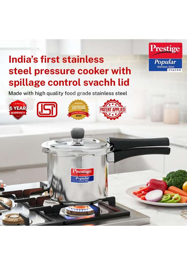 Prestige Stainless Steel Popular Svachh Outerlid Pressure Cooker | 2 L | 2.1 Qt | Induction Compatible - Indya