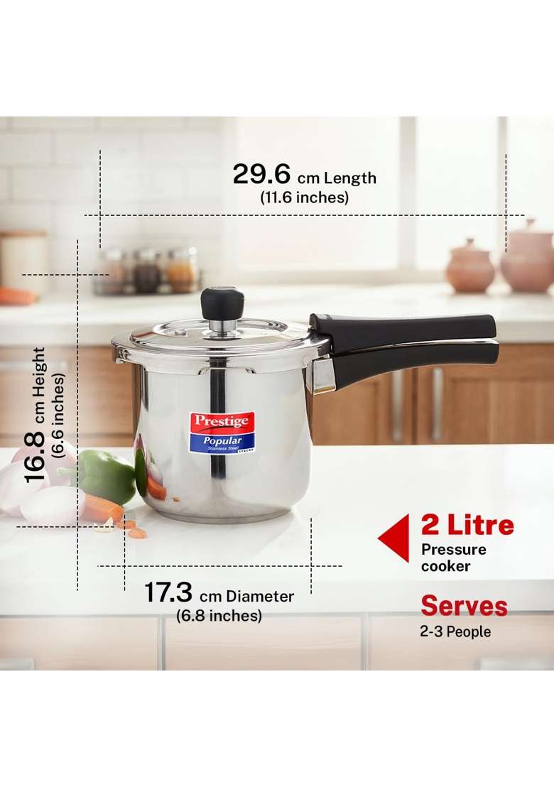 Prestige Stainless Steel Popular Svachh Outerlid Pressure Cooker | 2 L | 2.1 Qt | Induction Compatible - Indya