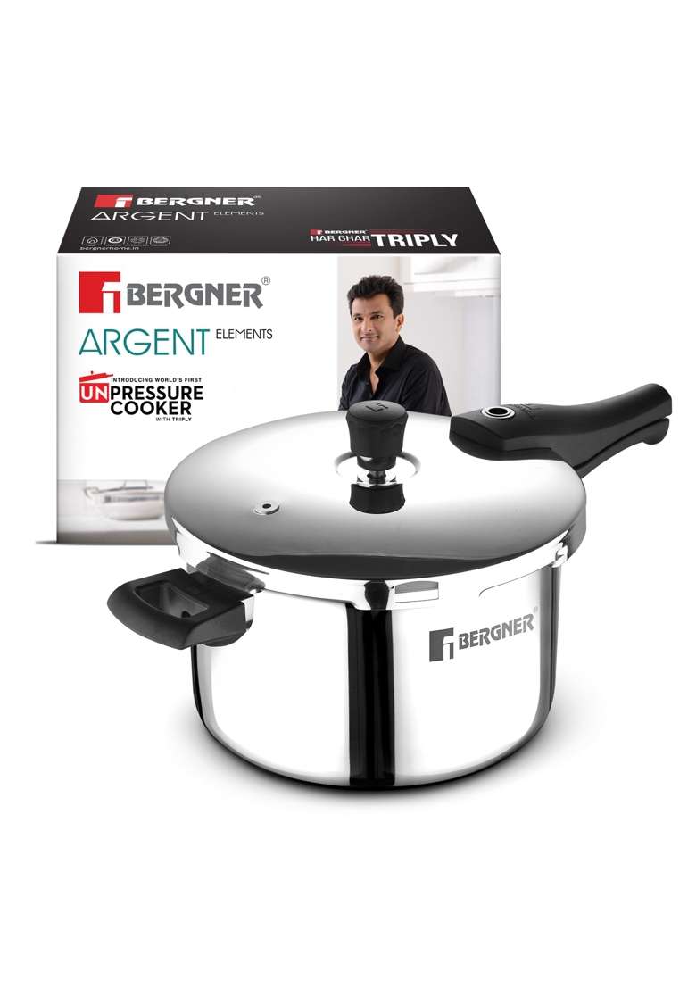 BERGNER Argent Elements Triply Stainless Steel Outer Lid Pressure Cooker | 5.5 L | 5.8 Qt | Induction Compatible - Indya