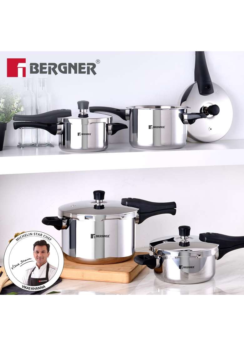 BERGNER Argent Elements Triply Stainless Steel Outer Lid Pressure Cooker | 5.5 L | 5.8 Qt | Induction Compatible - Indya