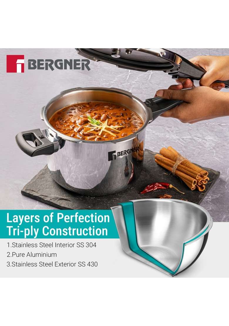 BERGNER Argent Elements Triply Stainless Steel Outer Lid Pressure Cooker | 5.5 L | 5.8 Qt | Induction Compatible - Indya