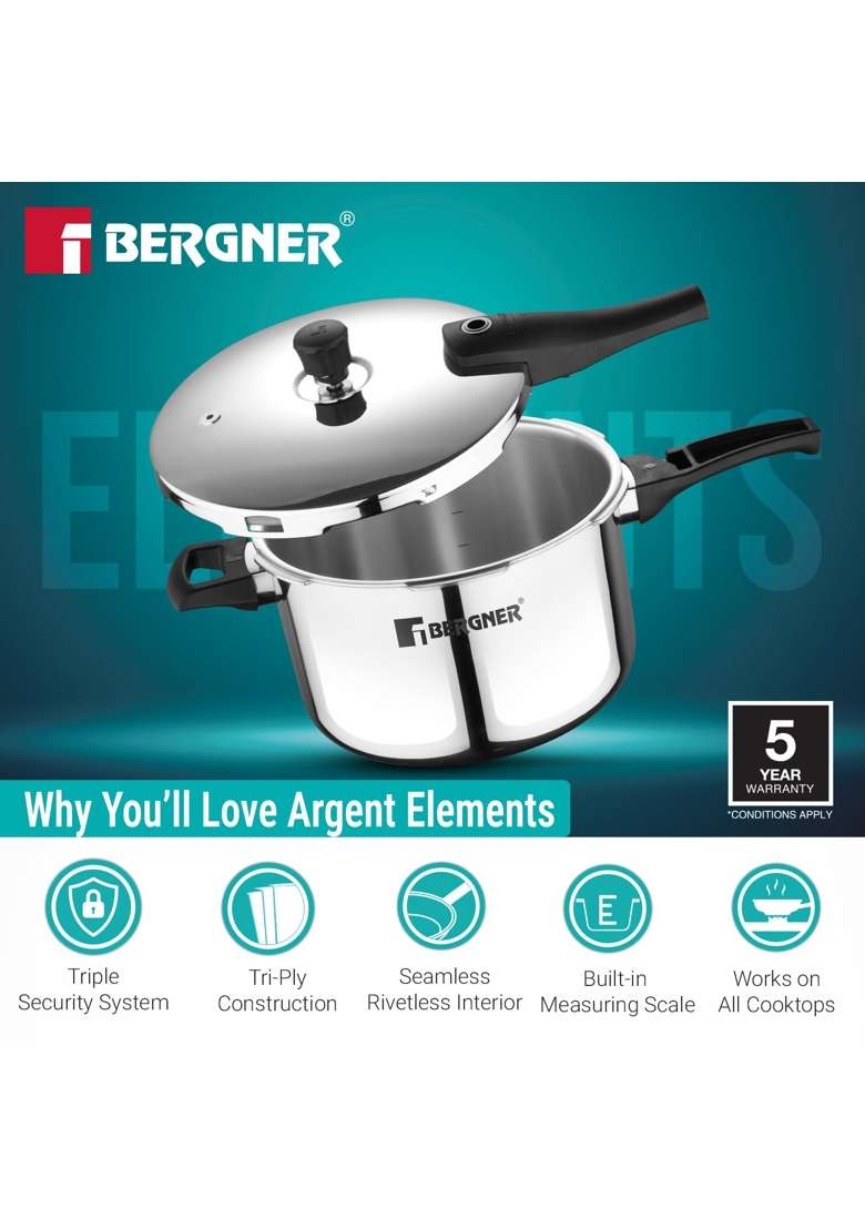 BERGNER Argent Elements Triply Stainless Steel Outer Lid Pressure Cooker | 5.5 L | 5.8 Qt | Induction Compatible - Indya