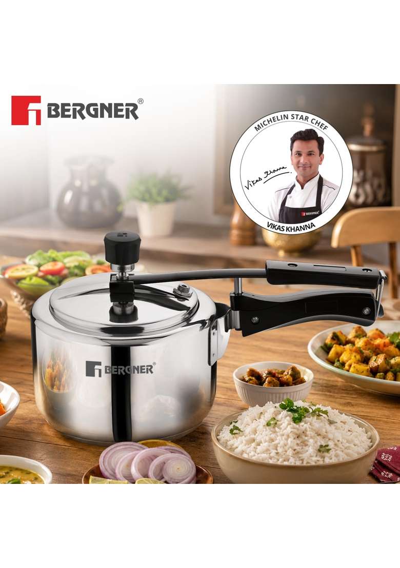 BERGNER Aragon Inner Lid Stainless Steel Pressure Cooker | 3 L | 3.2 Qt | Induction Compatible | Non-Toxic | Tri-Ply - Indya