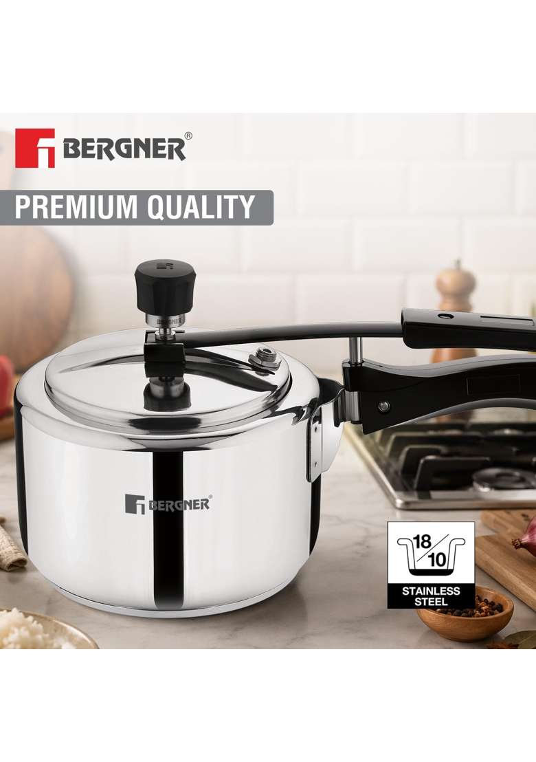 BERGNER Aragon Inner Lid Stainless Steel Pressure Cooker | 3 L | 3.2 Qt | Induction Compatible | Non-Toxic | Tri-Ply - Indya