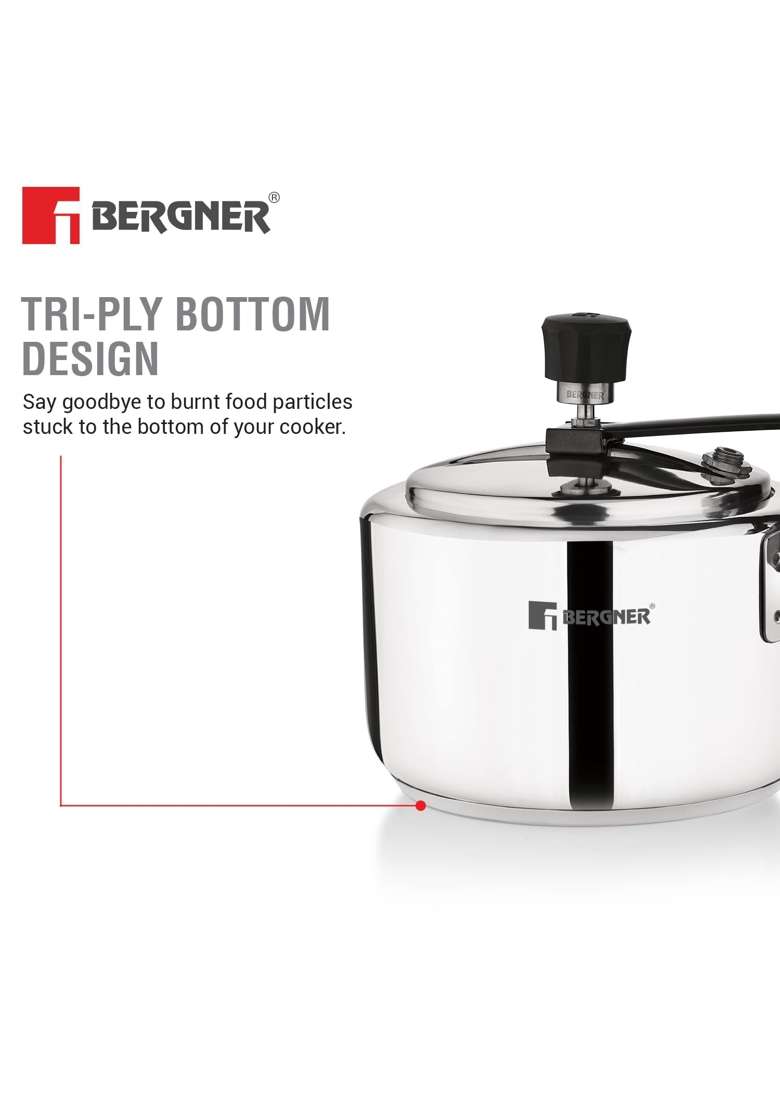 BERGNER Aragon Inner Lid Stainless Steel Pressure Cooker | 3 L | 3.2 Qt | Induction Compatible | Non-Toxic | Tri-Ply - Indya