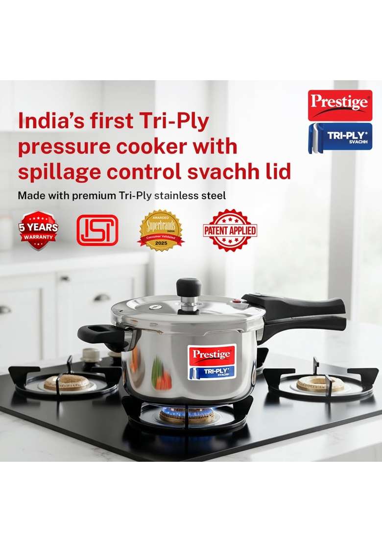 Prestige Triply Svachh Outer Lid Pressure Cooker | 3 L | 3.2 Qt | Induction Compatible - Indya