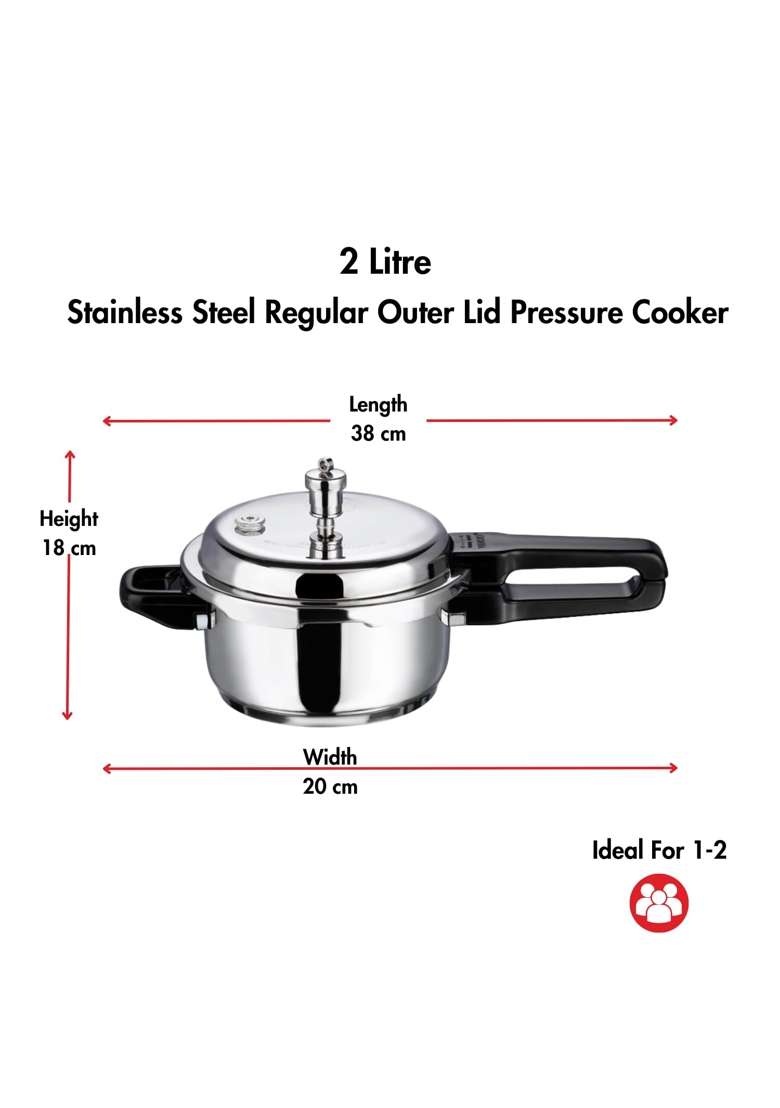 Vinod Stainless Steel Outer Lid Pressure Cooker | 2 L | 2.1 Qt | Induction Compatible - Indya