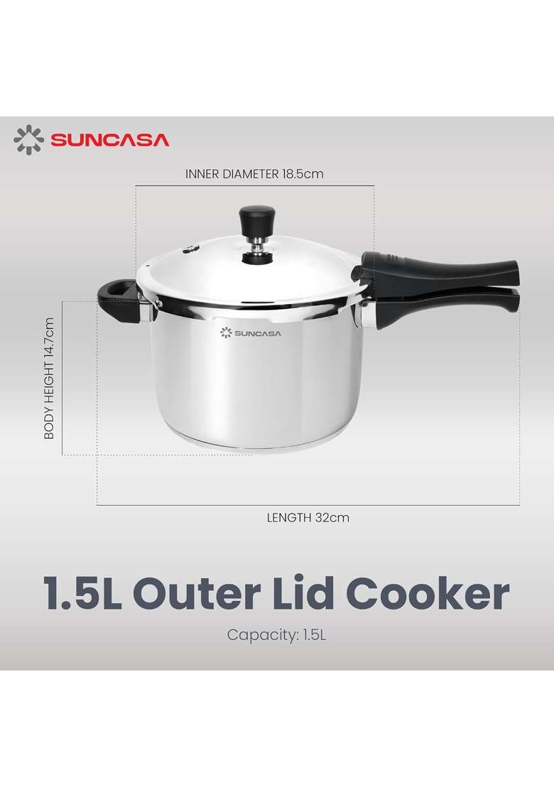 SUNCASA Impact Pro 304 Stainless Steel Outer Lid Pressure Cooker | 1.5 L | 1.6 Qt | Induction Compatible - Indya