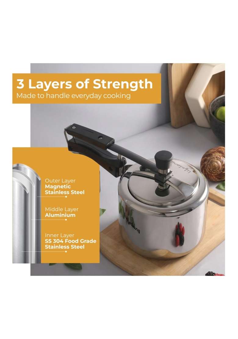 Lifelong Tri Ply Stainless Steel Pressure Cooker | 2 L | 2.1 Qt | Induction Compatible - Indya