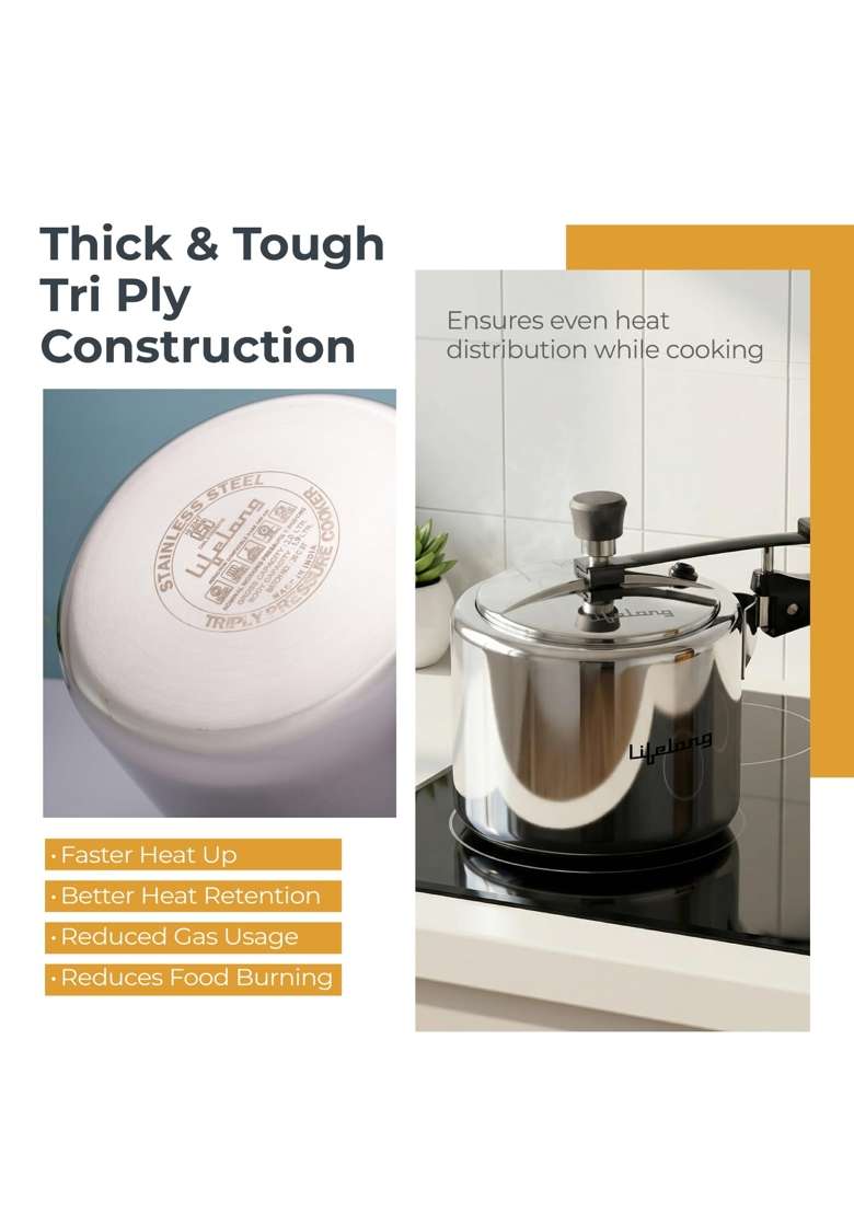 Lifelong Tri Ply Stainless Steel Pressure Cooker | 2 L | 2.1 Qt | Induction Compatible - Indya