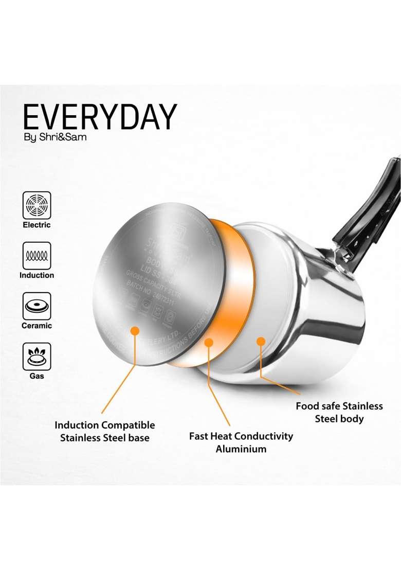 Shri and Sam Everyday Stainless Steel Pressure Cooker | 5 L | 5.3 Qt | Induction Compatible - Indya