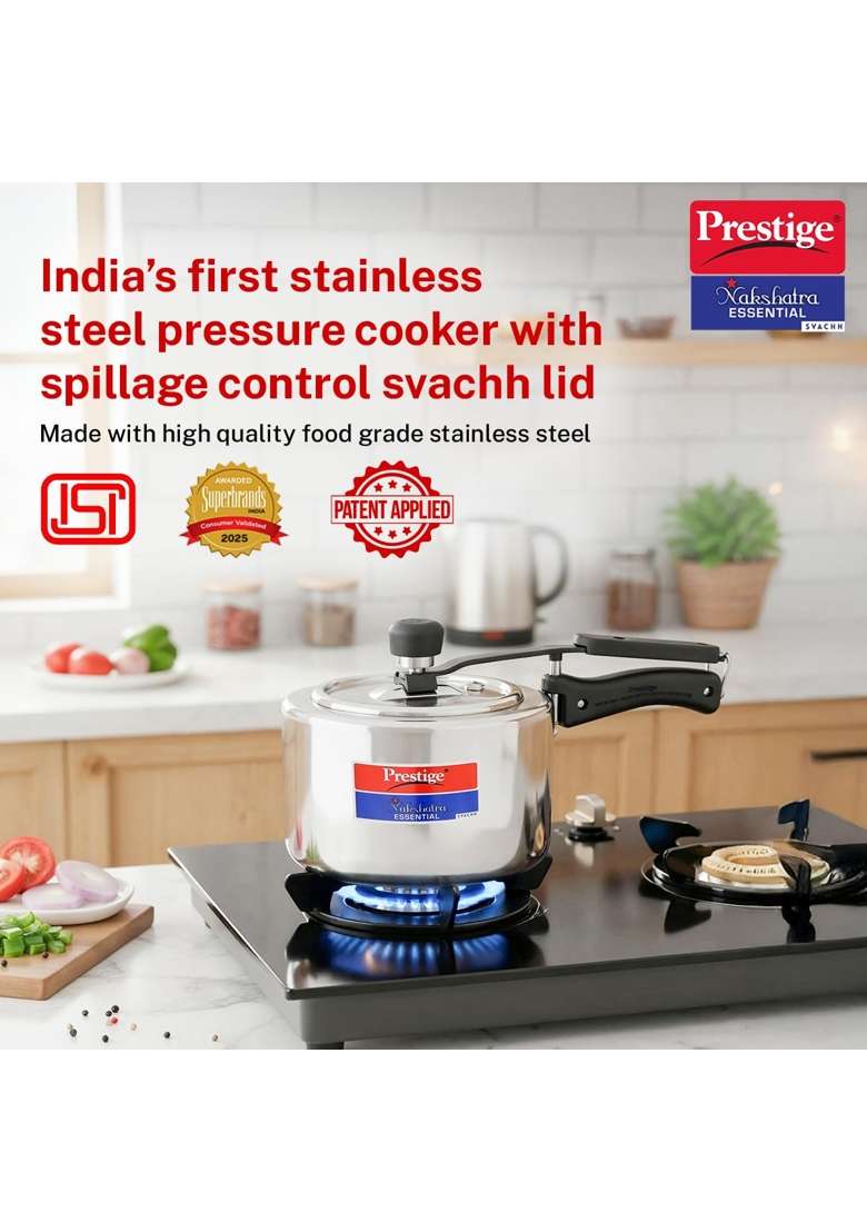 Prestige Stainless Steel Nakshatra Essential Svachh Innerlid Pressure Cooker | 2 L | 2.1 Qt | Induction Compatible | Tri-Ply - Indya