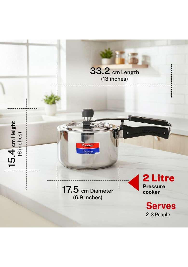 Prestige Stainless Steel Nakshatra Essential Svachh Innerlid Pressure Cooker | 2 L | 2.1 Qt | Induction Compatible | Tri-Ply - Indya