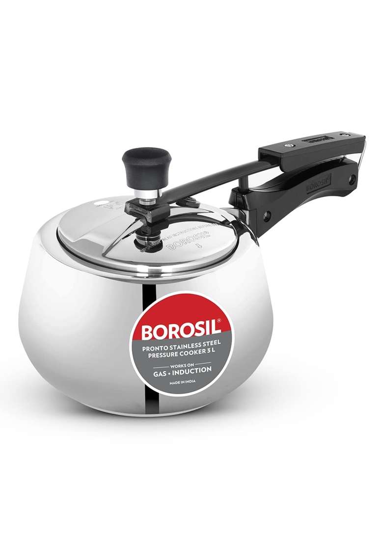 Borosil Pronto Stainless Steel Pressure Cooker with Inner Lid | 3 L | 3.2 Qt | Induction Compatible | Food Safe - Indya