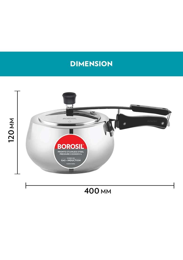 Borosil Pronto Stainless Steel Pressure Cooker with Inner Lid | 3 L | 3.2 Qt | Induction Compatible | Food Safe - Indya