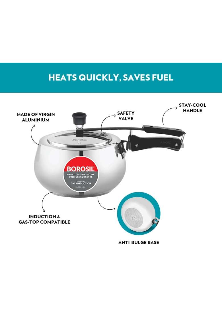 Borosil Pronto Stainless Steel Pressure Cooker with Inner Lid | 3 L | 3.2 Qt | Induction Compatible | Food Safe - Indya