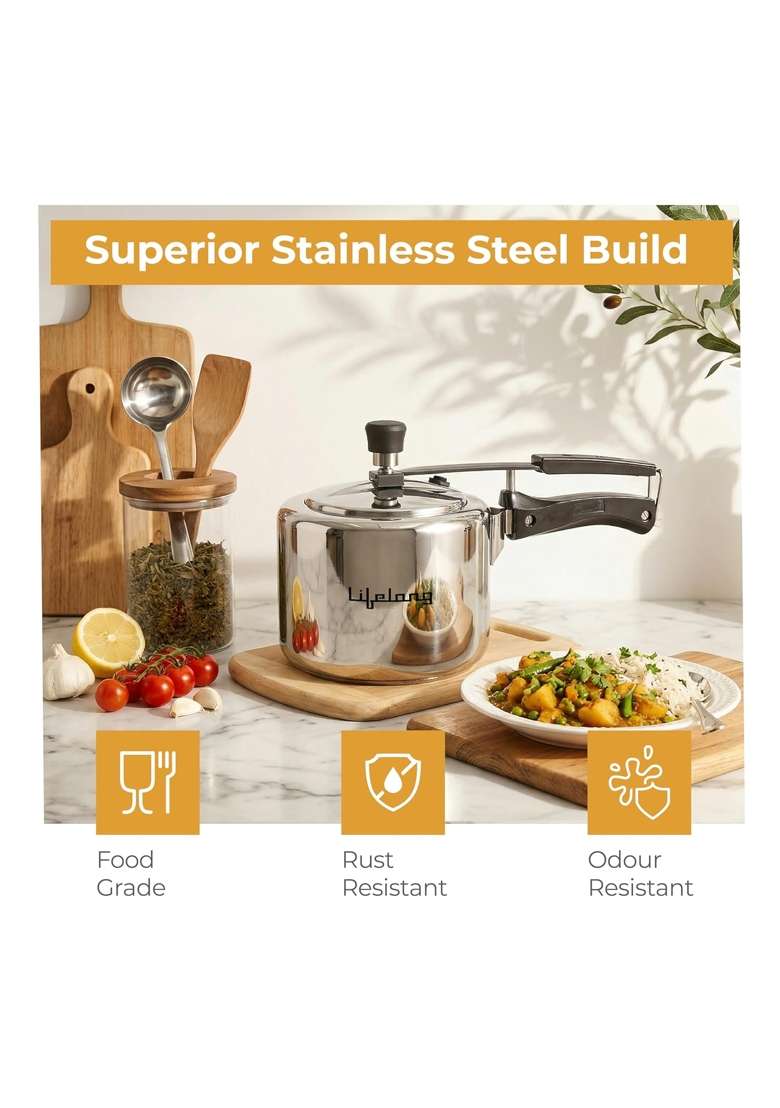 Lifelong Stainless Steel Pressure Cooker | 2 L | 2.1 Qt | Induction Compatible | Leak Proof | Rust Resistant - Indya