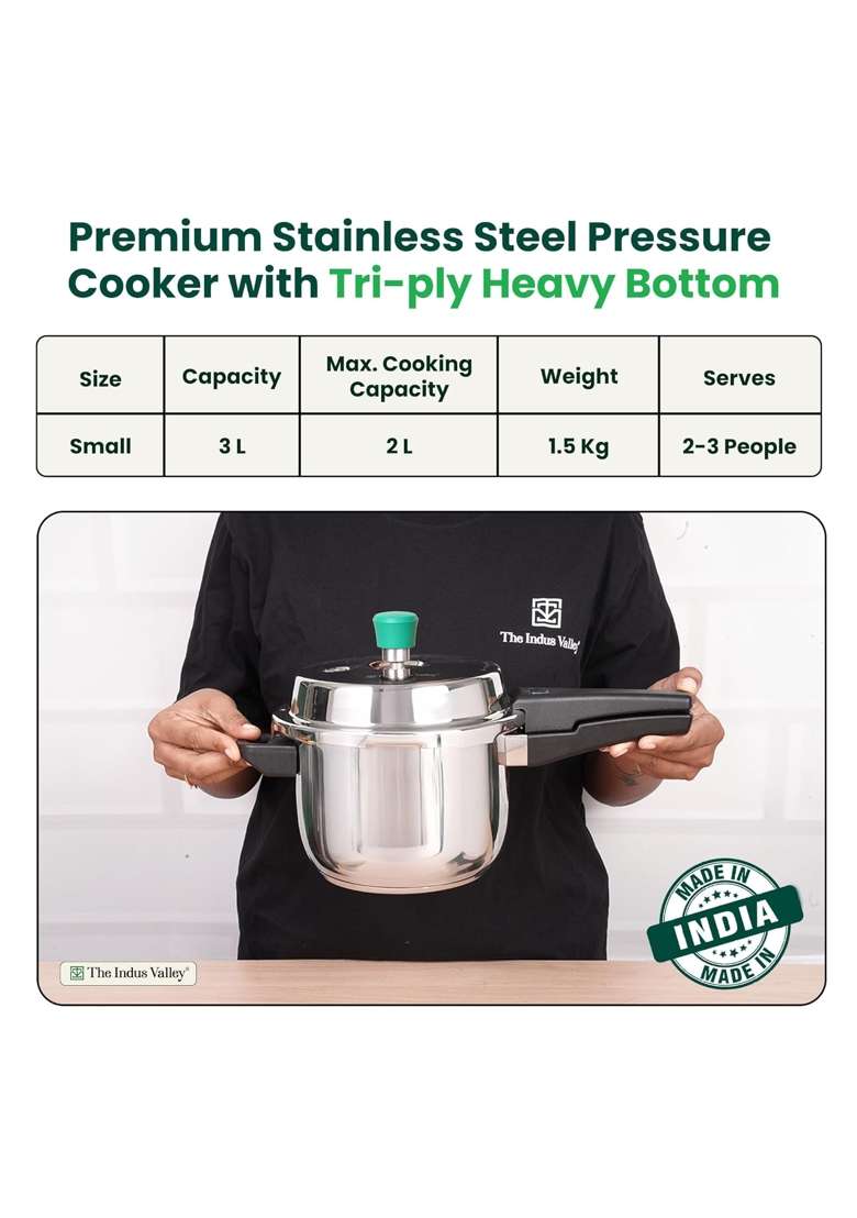 The Indus Valley Stainless Steel Pressure Cooker Outer Lid | 3 L | 3.2 Qt | Induction Compatible | Heavy Bottom | Non-Toxic | Non-Stick - Indya