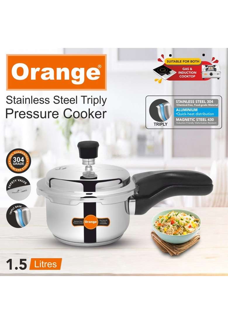 Orange Triply Stainless Steel Outer Lid Pressure Cooker with Strong | 1.5 L | 1.6 Qt | Induction Compatible | Heavy Bottom - Indya