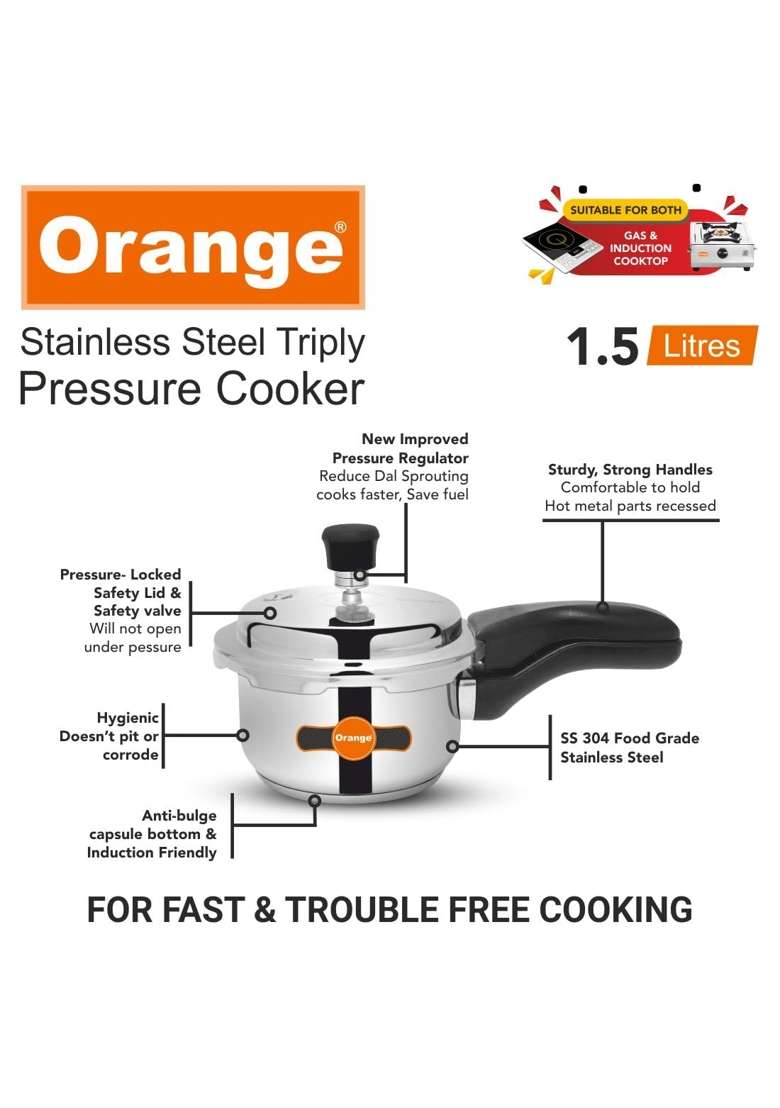 Orange Triply Stainless Steel Outer Lid Pressure Cooker with Strong | 1.5 L | 1.6 Qt | Induction Compatible | Heavy Bottom - Indya